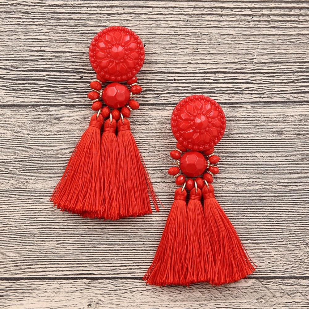 Red Tassel Statement Earrings